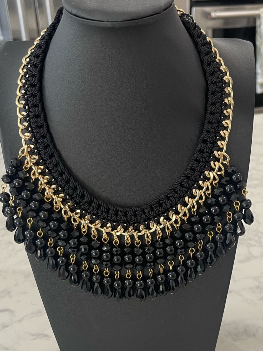 Statement Black Beaded Fringe Necklace with Gold Accents